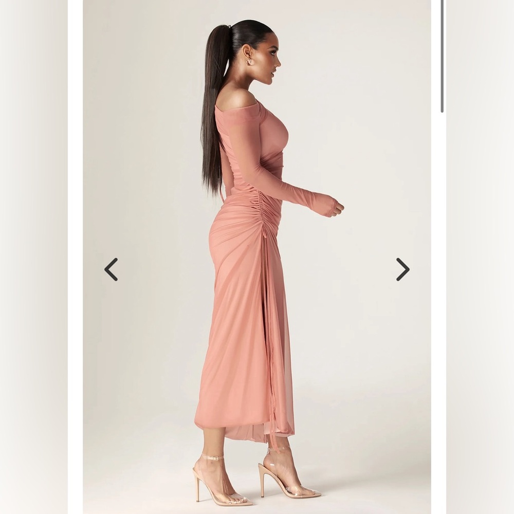 DUA ORGANZA RUCHED MESH LONG SLEEVE CUT OUT MAXI DRESS (ROSE)